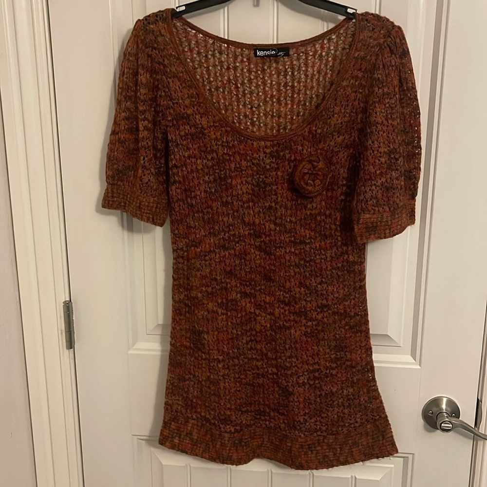 Kensie Pretty womenโs sz L crocheted, variegated, earth tones, mini dress tunic